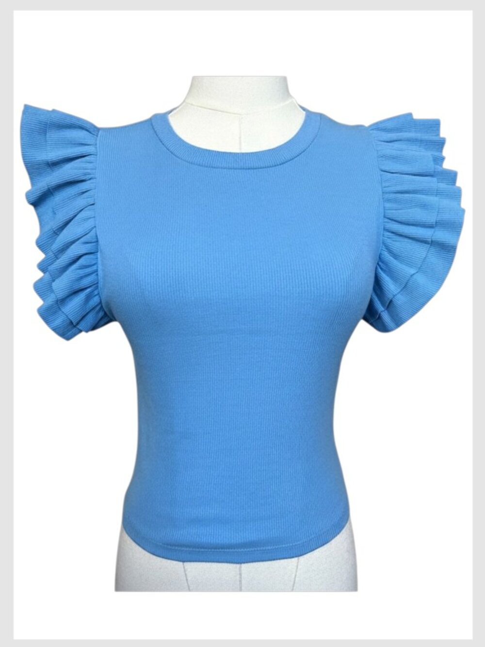 Zara Ribbed Crop Top Blue Ruffle Sleeve Crew Neck M - Picture 2 of 7